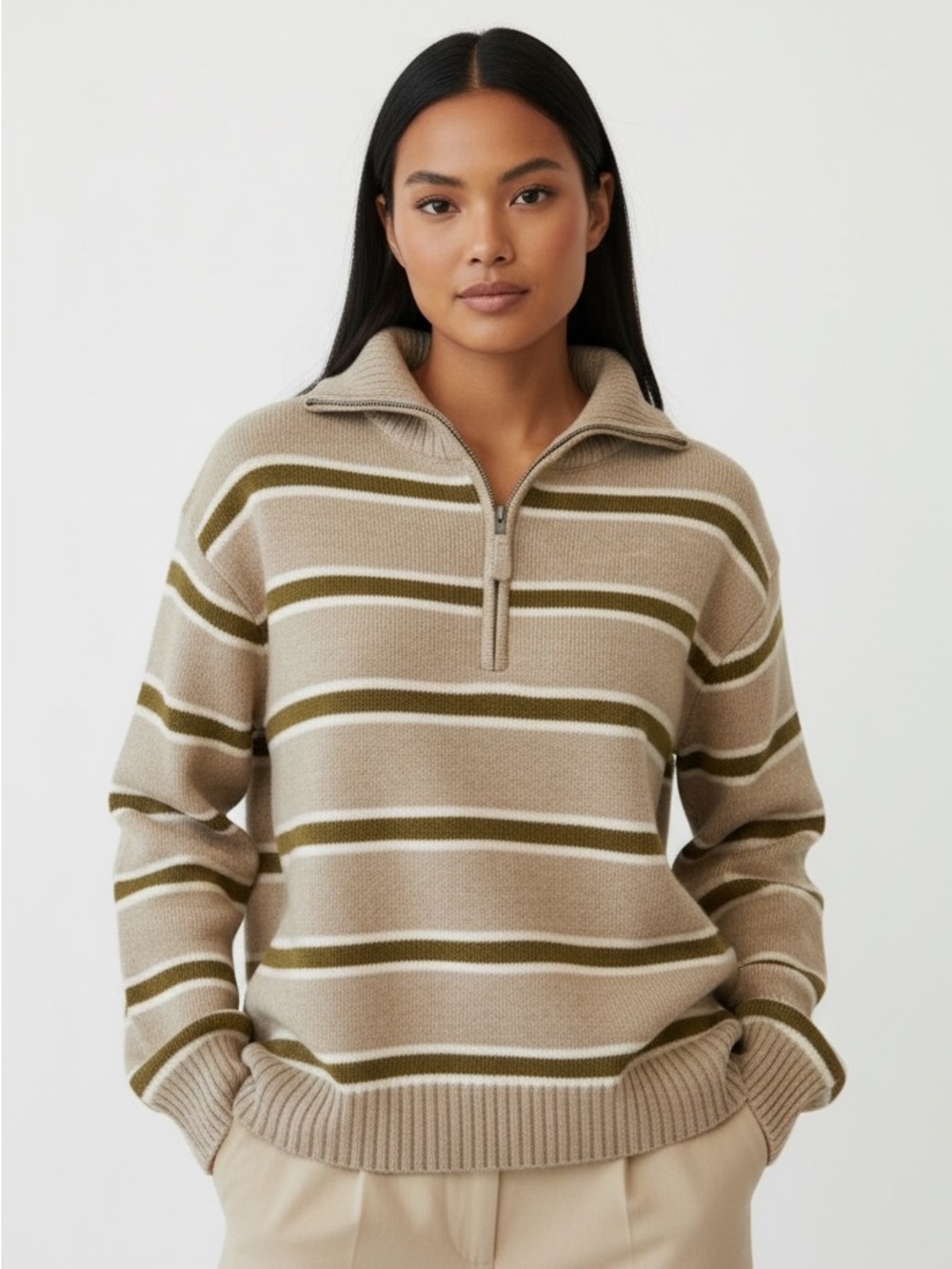 Cynthia Rowley Beige and Olive Striped Half-Zip Sweater